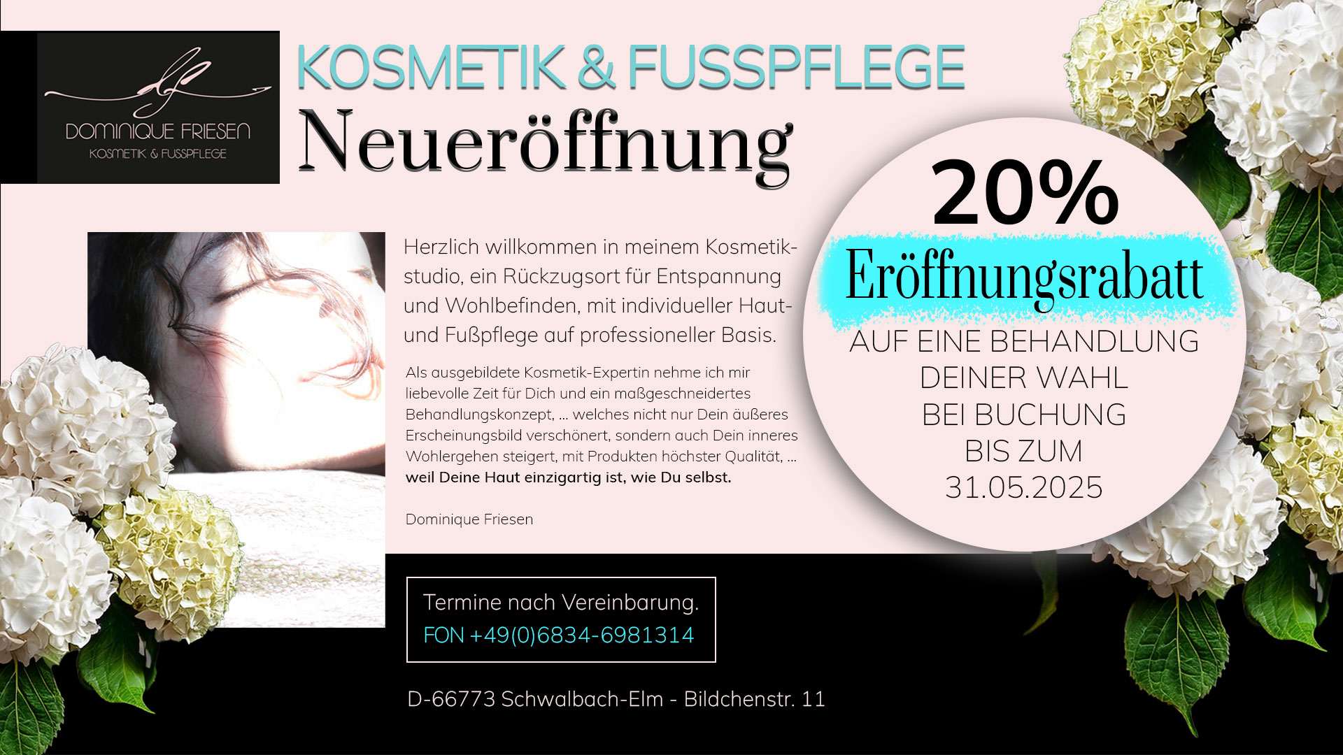 Webseite: www.df-kosmetik-fusspflege.de - Das Kosmetikstudio DF-Kosmetik & Fußpflege der Kosmetikerin Dominique Friesen befindet sich in D-66773 Schwalbach-Elm. Es bietet professionelle Gesichts- und Körperbehandlungen, kosmetische Fußpflege, Pediküre, Maniküre und Haarentfernungen, Depilation, Augenbrauen und Wimpernpflege, mit besten Kosmetikprodukten. Termine können nach nach Vereinbarung gebucht werden. Telefon 06834-69811314.